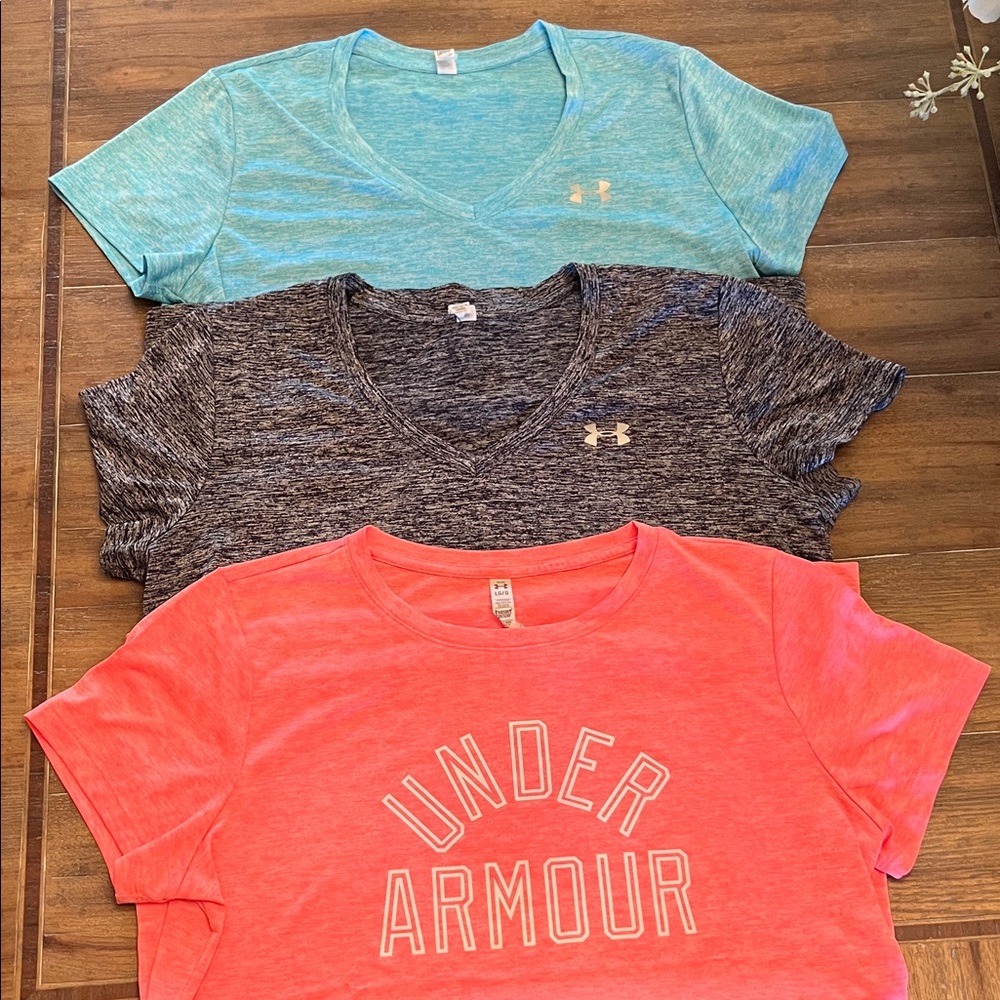 Under Armour Heat Gear V-Neck T-Shirt Trio in Teal, Navy, and Coral. All sz L